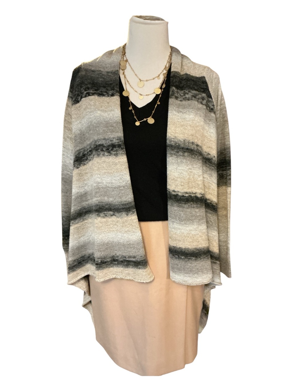 Striped Open-Front Knit Cardigan Sweater in Gray and Cream